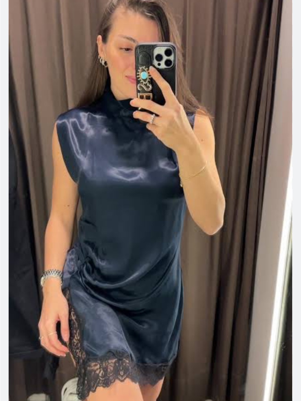Zara Navy Satin High-Neck Mini Dress with Lace Hem